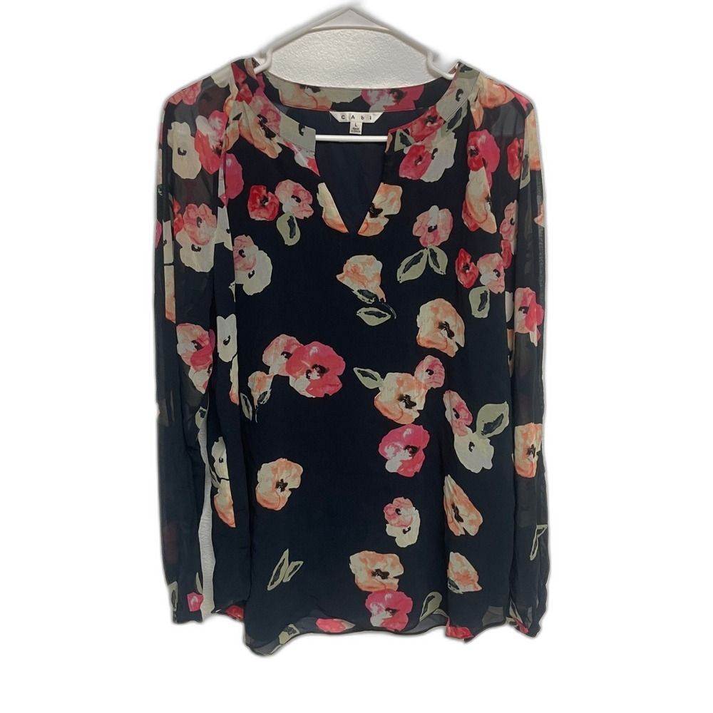 CAbi Floral Print Long Sleeve V Neck Blouse Women's Size L